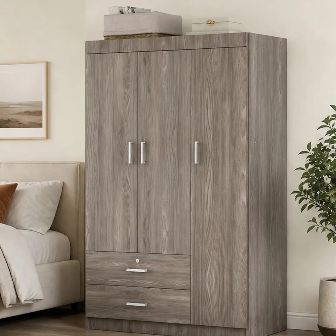 3-Door Wardrobe with 2 Drawers, Gray Wood Grain Effect, MDF, Freestanding Closet Storage Cabinet for Bedroom, 41.3"L x 18.5"W x 68.2"H, Large Capacity Organizer with Locking Top Drawer, Modern Contemporary Style, Gray Color Options, Drawers Wardrobes