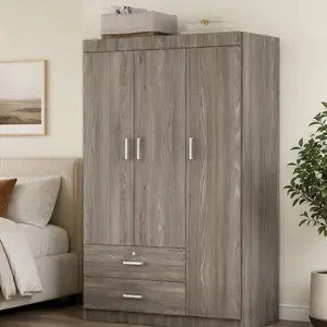 3-Door Wardrobe with 2 Drawers, Gray Wood Grain Effect, MDF, Freestanding Closet Storage Cabinet for Bedroom, 41.3"L x 18.5"W x 68.2"H, Large Capacity Organizer with Locking Top Drawer, Modern Contemporary Style, Gray Color Options, Drawers Wardrobes