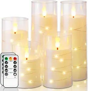 Flameless Candles with Embedded Star String Fairy Lights, Battery Operated Candles, LED Candle, Fake Candles with Remote Control and Timer, Ivory, Set of 5(H4 5" 6" 8" 8")