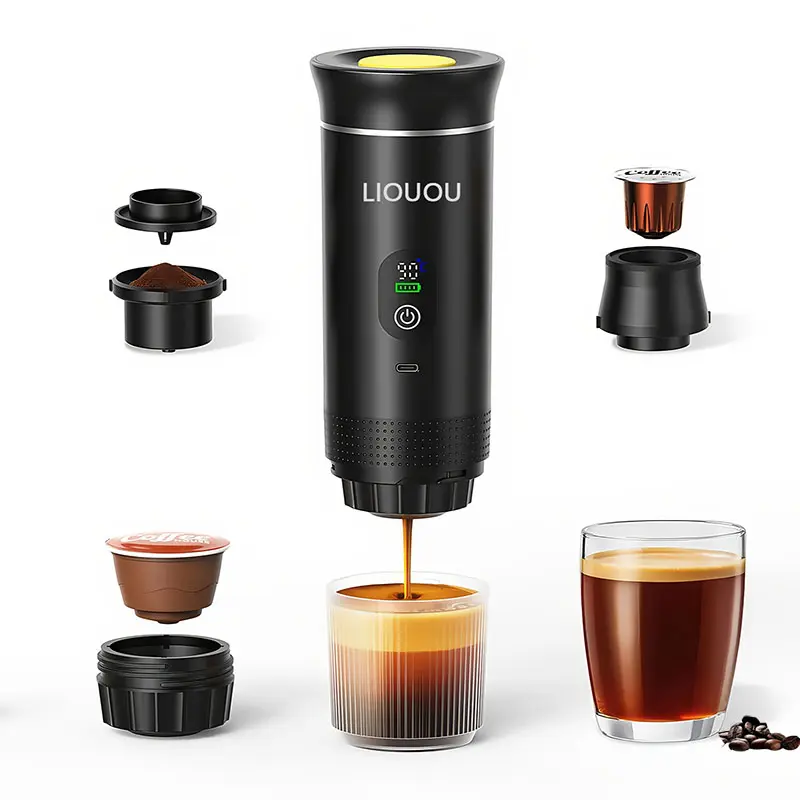 LIOUOU Portable Espresso Maker | Self-Heating | Use Coffee Pods or Ground Coffee | Compact USB-C Coffee Machine for Home, Travel & Office