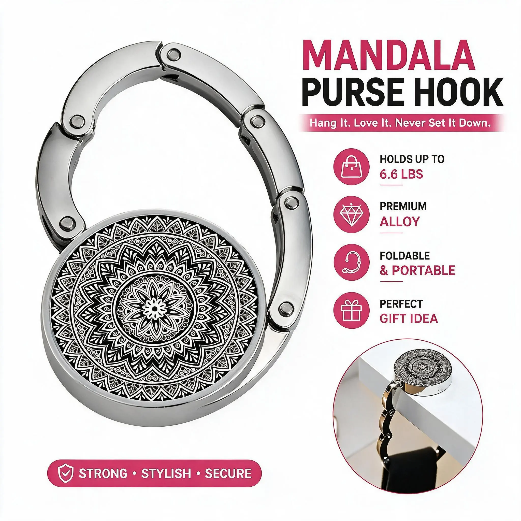 Foldable Purse Hook for Table, Mandala Design Portable Bag Holder, Stylish Handbag Hanger for Restaurants, Cafes & Travel, Space-Saving Table Purse Holder | Hangs Almost Anywhere