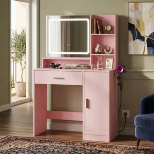 Modern Vanity Desk with LED Lighted Mirror, Built-In Charging Ports, Drawer, Cabinet & Open Shelves, Space-Saving Dressing Table for Bedroom, Home Beauty Furniture