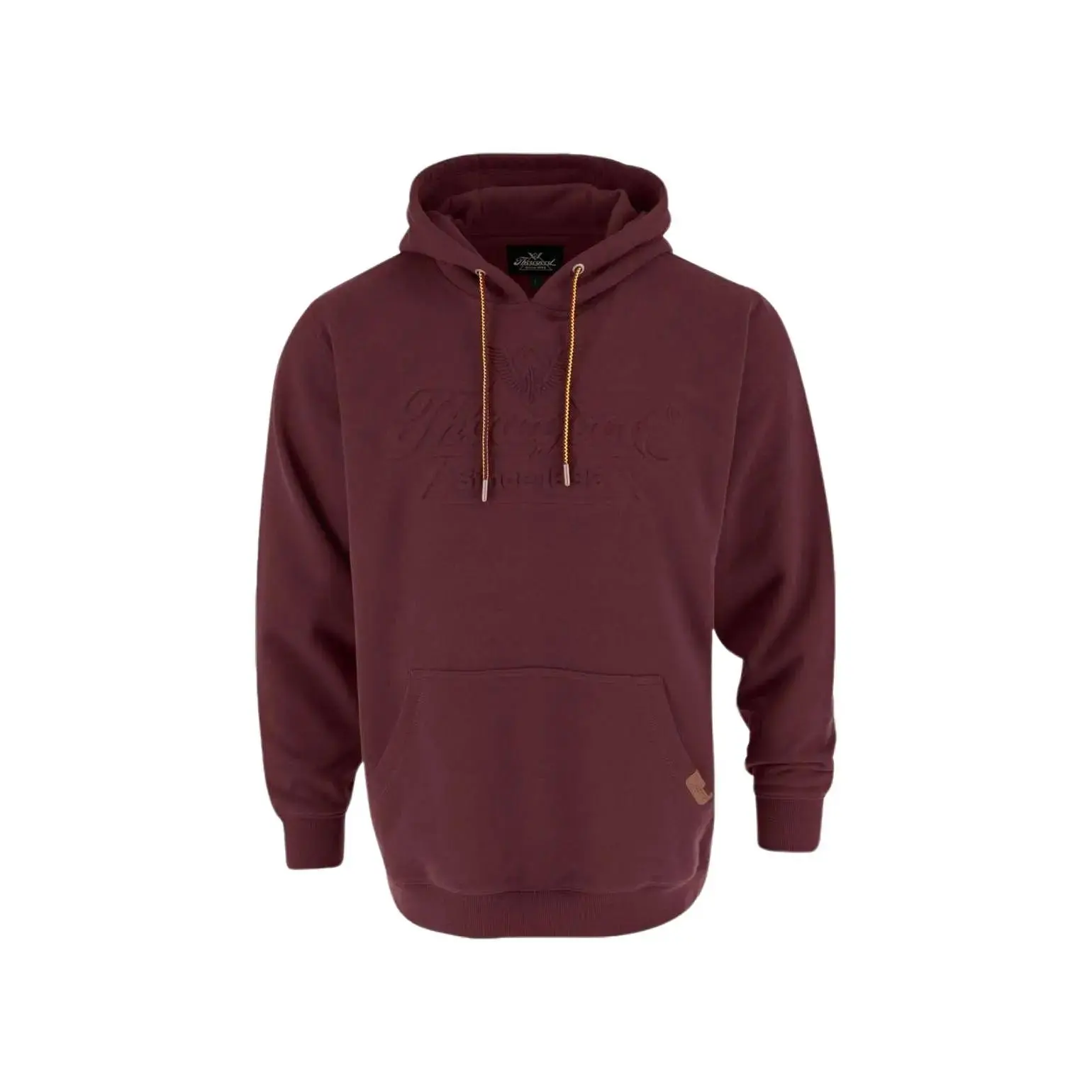 Thorogood Men's Heavyweight Brushed Embossed Logo Long Sleeve Leather-Accent French Hoodie, Polyester Casual Knit Top, Layer-Friendly Pocketed Sweatshirt