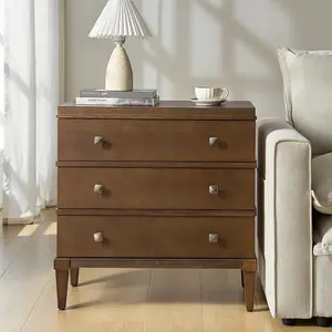 HULALA HOME Lorenz Transitional 3-Drawer End Table with Charging Station Solid Wood Legs Square Metal Knobs Modern Bedroom Dresser