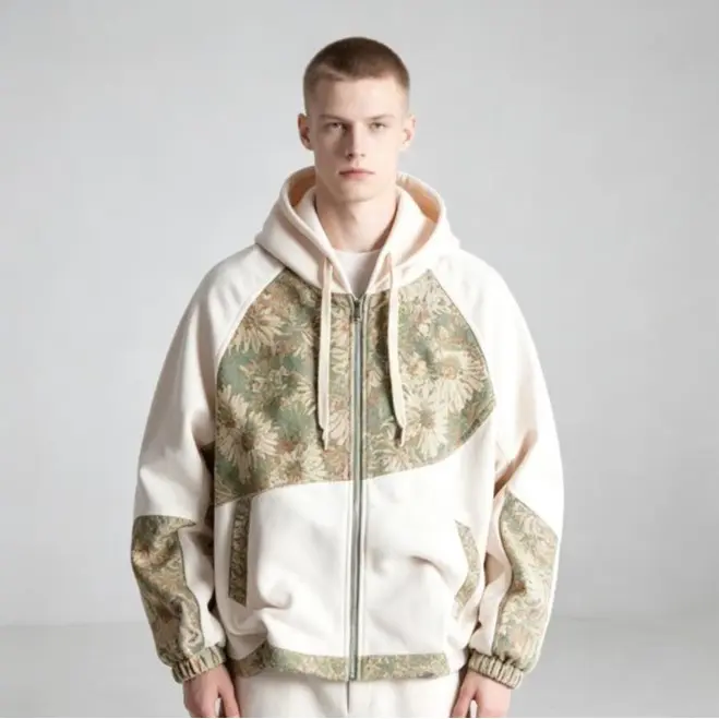 Men’s Vintage Oil Painting Jacquard Patchwork Zip-Up Hoodie - Retro Daisy Brocade Color-Block Casual Menswear Sweatshirt, Loose Street-Style Top for Young Men’s Daily Wear