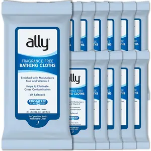 Ally Ultra-Thick Body Wipes with Aloe - No Rinse, Fragrance Free Bathing Wipes for Women, Men & Elderly - (8 Packs )
