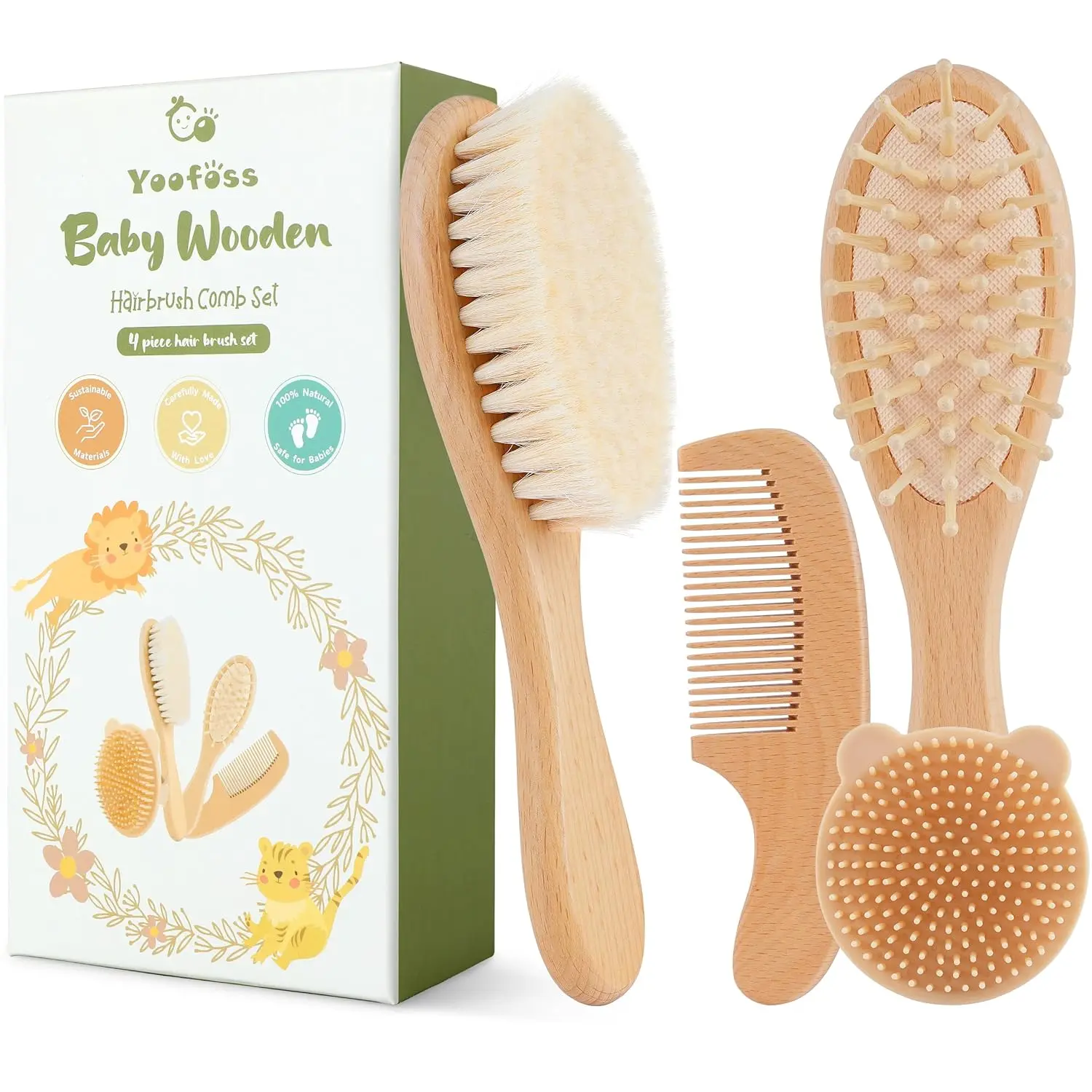 Yoofoss 4 Piece Baby Brush and Comb Set, Wooden Baby Brush with Natural Ultra Soft Goat Hair, Baby Hair Brush for Newborn, Baby Brush Set for Boy Girl, Baby Items, Newborn Baby Stuff,sohochic