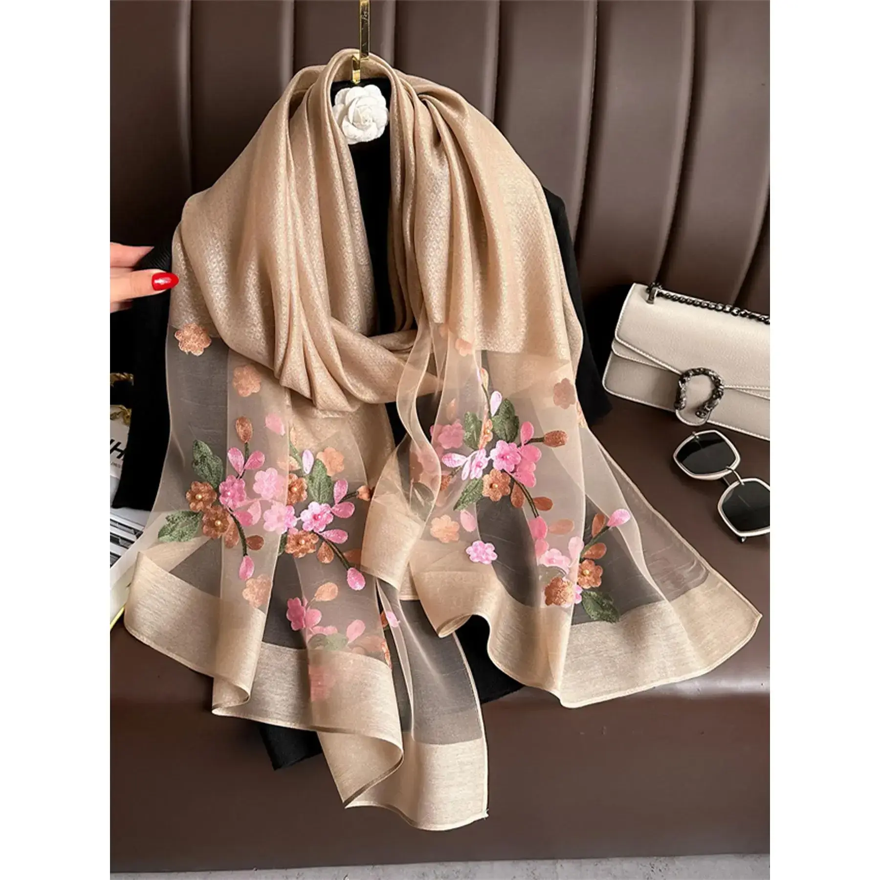 Elegant Floral Embroidered Silk Scarf for Women, Boho Style Scarf, Stylish Sun Protection Beach Shawl with Beads, Bohemian Windproof Must-Have Elegant Floral Embroidered Silk Scarf for Women, Boho Style Scarf, Stylish Sun Protection Beach Shawl with Beads, Bohemian Windproof Must-Have
