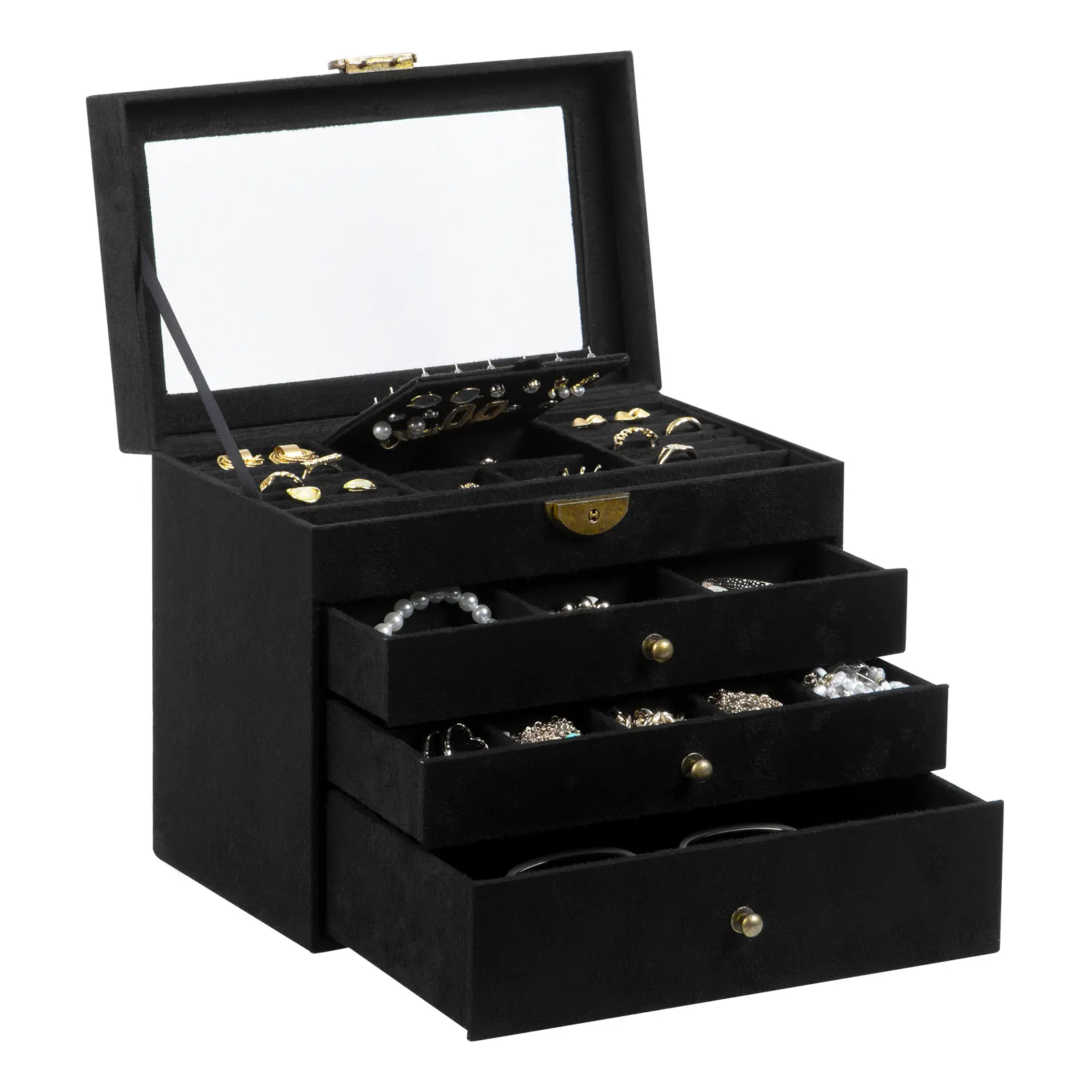 Somdy 4-Layer Velvet Home Jewelry Organizer with Glass Window, Multi-Compartment Design, Drawers, Earring Board, Key Lock & Clear Lid - Dust-Free Bedroom/Office Vanity Storage Box, Anniversary Gift Accessory Holder