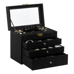 Somdy 4-Layer Velvet Jewelry Box with Glass Window, Multi-Compartment Organizer with Drawers and Earring Board, Lockable Vanity Storage Gift For Women