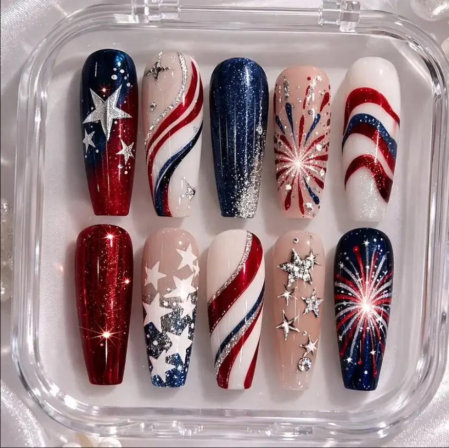 Star & Firework Patriotic Press On False Nails Set, Red White Blue USA Flag 4Th Of July Nail Art, Gif For Independent Day