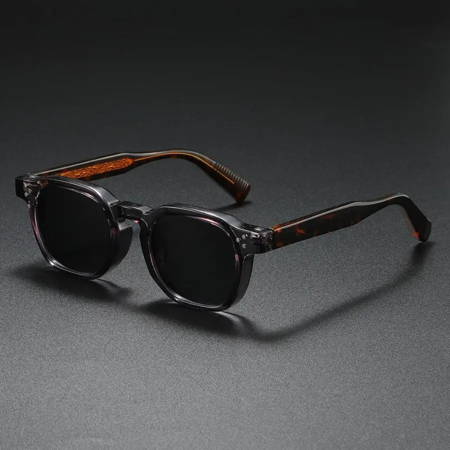 Vintage Square Frame Sunglasses for Cycling & Coffee Runs, 70s-Inspired Charm, Transparent Gray Acetate Frame, Tortoise-Patterned Engraved Temples, Black 100%-UV-Blocking Lenses