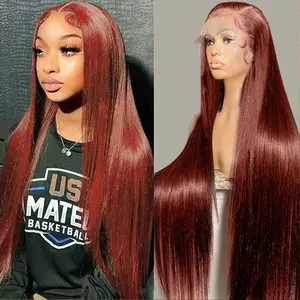 ALIGLOSSY 13×4 Reddish Brown #33 Straight Lace Front Wig Transparent Pre Colored  Gineger 99j Bone Straight Lace Frontal Human Hair Wigs Pre Plucked With Baby Hair For Women