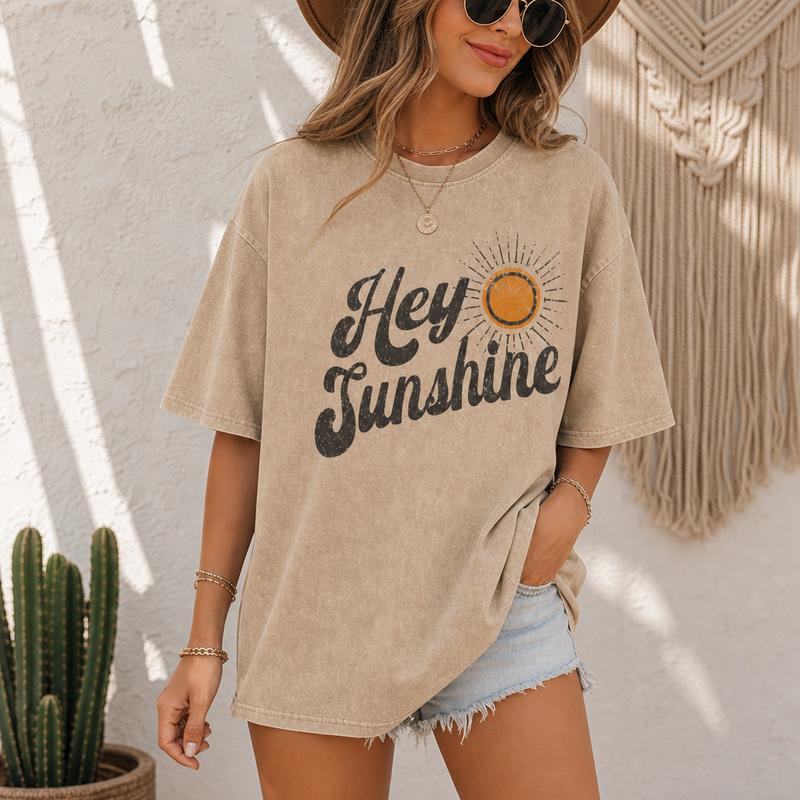 Hey Sunshine Minimal Graphic Tee for Women, Washed Cotton Oversized Positive Shirt S-5XL