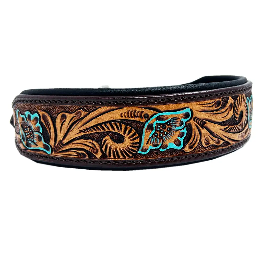 American Darling Hand Tooled Leather Floral Dog Collar – Western Turquoise Pet Collar