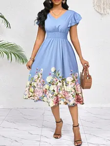 Floral Print V-Neck Ruffle Hem Midi Dress - Elegant Casual Summer Vacation Work Dress
