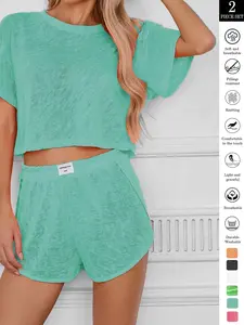 Women's 2-Piece Set in Bright Colors, Casual Loose-Fitting Lightweight Long Sleeve Knit Top and Side-Slit Shorts for All Seasons, Stylish Loungewear