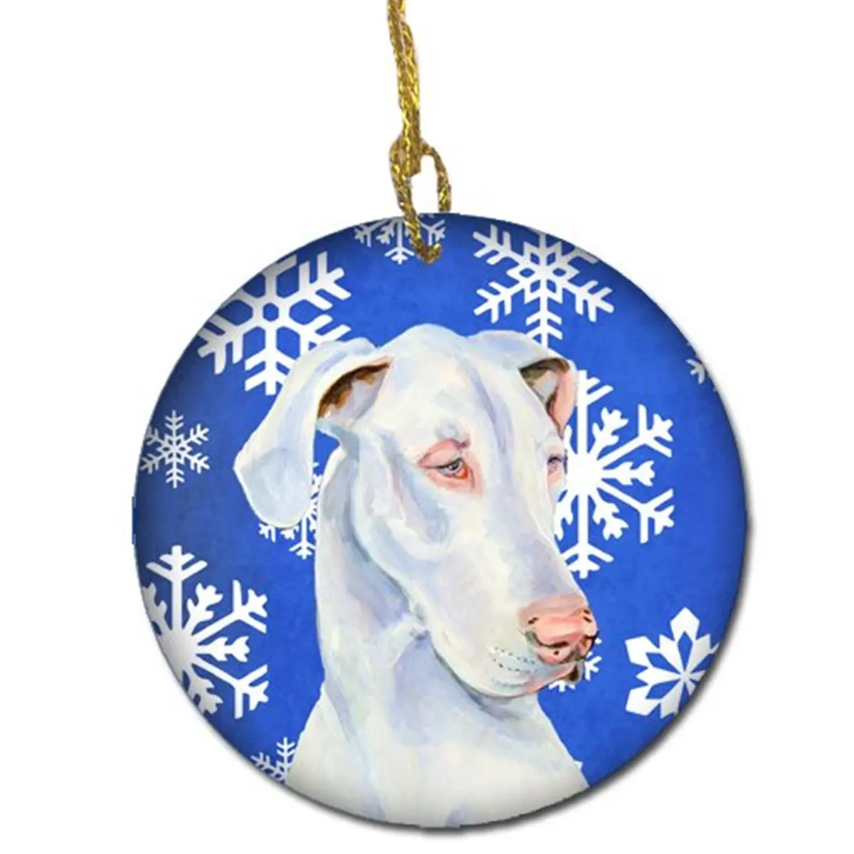 Great Dane Round Ceramic Holiday Ornament - 2.81 in, Winter Snowflake Themed, Customizable Paintable Gloss Surface Light Weight Porcelain Decor Collectible Home Gift, Collectibles