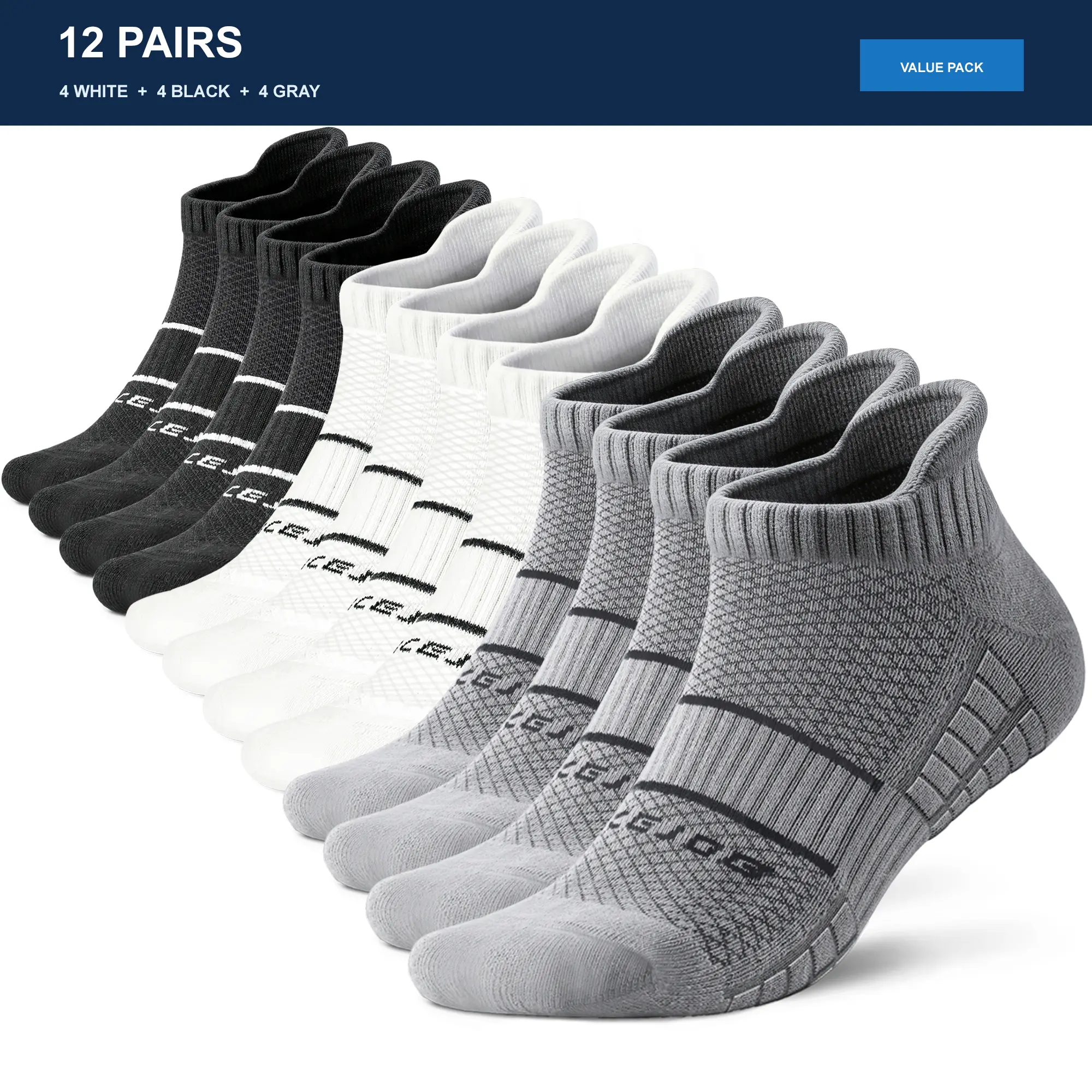 Men's & Women's 12-Pair Athletic Ankle Workout Socks - Cushioned Training Socks, Elastic, Breathable, Arch Support, Stripes, All Season for Running, Gym Wear