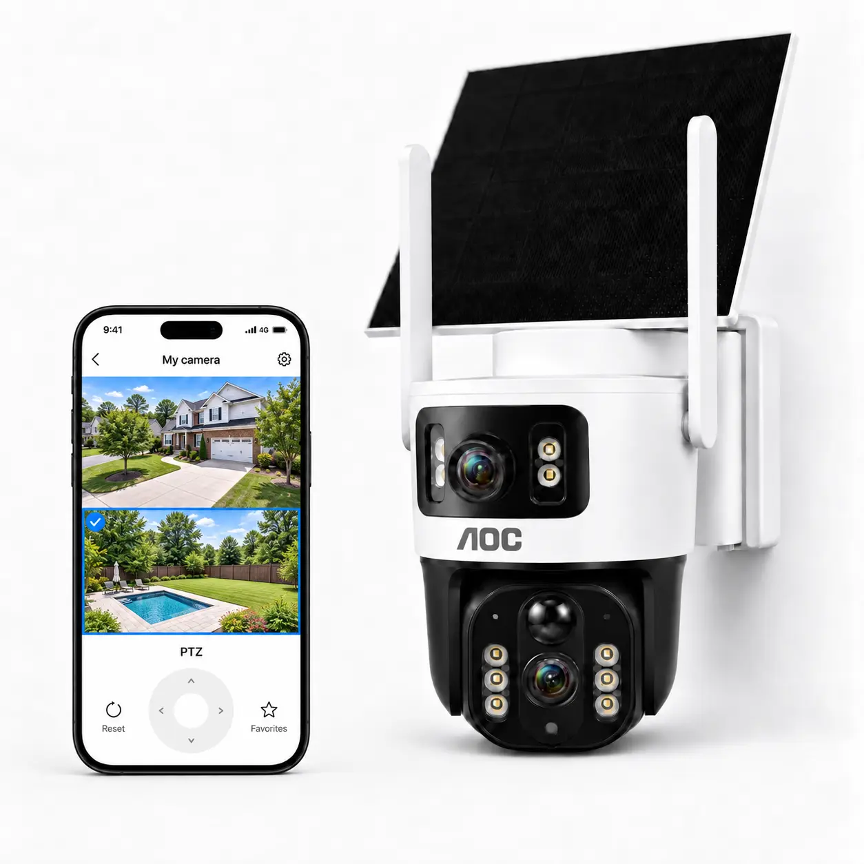 AOC 4G LTE Solar Charging Security Camera - Dual-Lens Dual-View PTZ Digital Device, AOV All-Day Recording, AI Tracking, Color Night Vision, 2-Way Audio, IP65, WiFi-Free, Data Plan Required, 7-Day Trial, Protection for Construction Sites & Warehouses