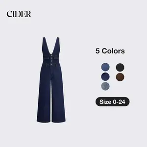 Cider Cider Denim V-neck Button Pocket Wide Leg Jumpsuit [LIVE ONLY]