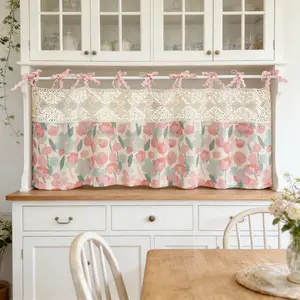 1 PC Tie Top Farmhosue Valance Pink Tulips Printed Linen Fabric Stitching Crochet Vintage Kitchen Curtain Tier Light Filtering Rustic Half Window Drapes Cafe Curtain for Bath Small Windows