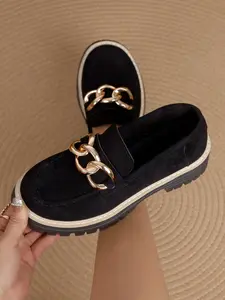 Women's Thick Sole Platform Shoes, Vintage British Style Velvet Material, Metal Chain Decoration, Anti-Slip Rubber Sole, All Seasons Footwear