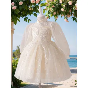 Girls' Long Sleeve Princess Dress with Beaded Reflective Design, Pearl Neckline, Floral Embroidery, and Fluffy Tulle Party Gown - Perfect for Birthdays or Graduation Outfits