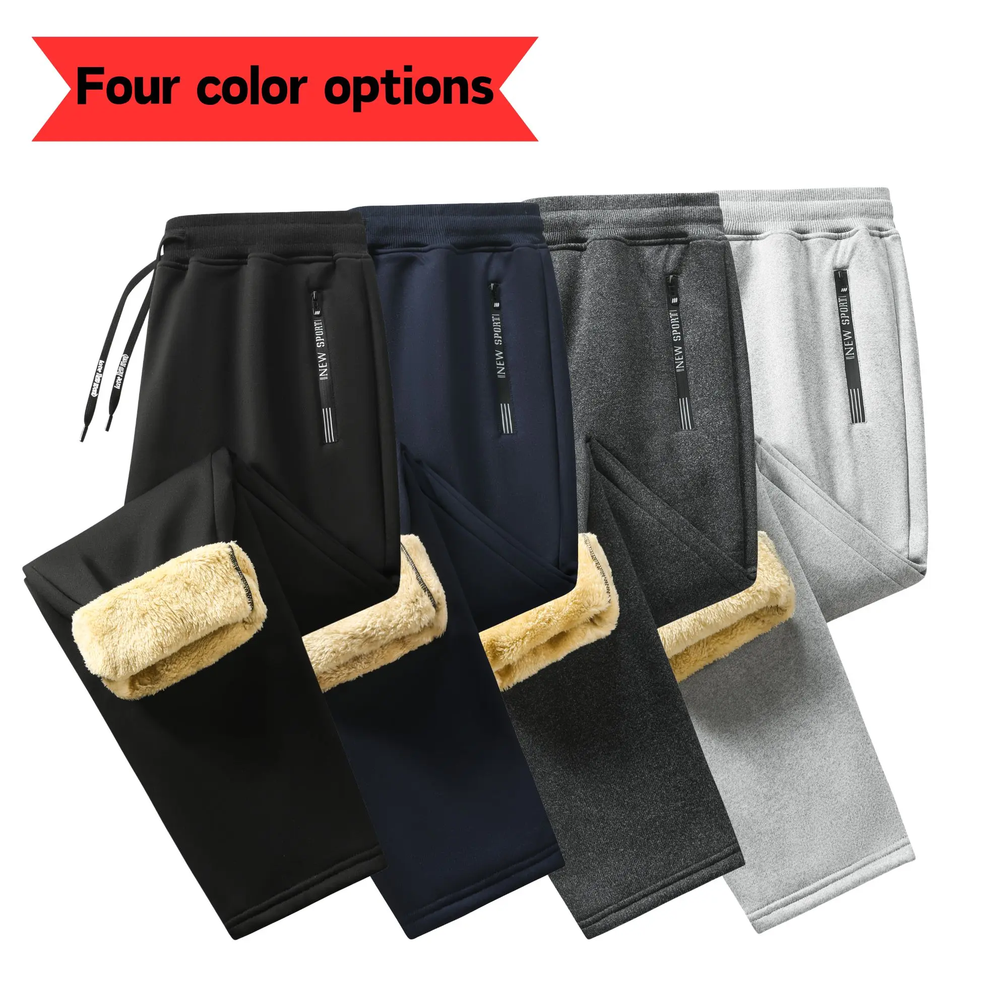 Men’s fleece sweatpants for autumn/winter, thick plush fabric, elastic drawstring, straight-leg casual long pants, available in multiple colors, warm cotton pants