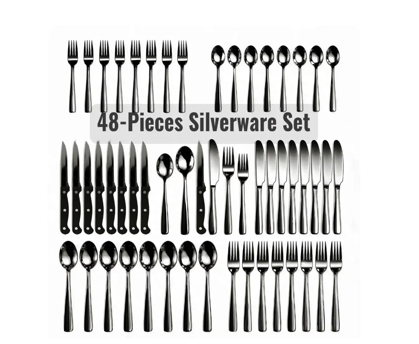 48-Piece Black Silverware Set for 8, with Steak Knives - Food Grade Stainless Steel Flatware Cutlery Utensil Set - Premium Mirror Polished Finish for Home Restaurant Daily Use