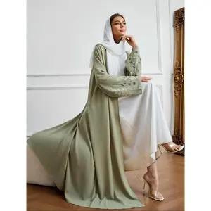 Women's Floral Embroidery Abaya, Modest Long Sleeve Open Front Abaya for Daily Wear, Ladies Islamic Clothing for All Seasons