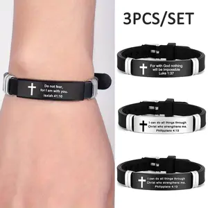 3 Pcs/Set Inspirational Quote Bible Verse Cross Bracelets Faith Christian Silicone ID Wristband Religious Gifts for Men Women Stainless Steel Rubber Adjustable Bracelet