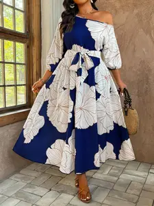 Women's Plus Size Tummy Control Floral Maxi Dress Tie Waist Off Shoulder A-Line Boho Flowy Dresses Beach Vacation Tropical Resort Elegant Wedding Guest Outfits Casual Wear Party Sundress Half Sleeve Print Flared Swing Spring Summer Viral