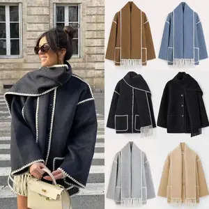 Women's 2025 autumn/winter new fashion woolen coat with thickened, loose, scarf and tassel for women