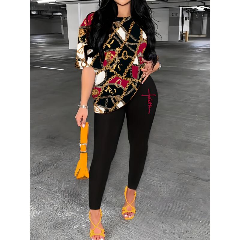 2 piece sets double layer dress Casual Faith Print Pantsuits, Short Sleeve T-shirt & Skinny Leggings Outfits, Women's Clothing Fabric Womenswear Collar Spandex Comfort Gamis Crewneck Fitted Multicolor Shortsleeve 2 piece sets women Polyester Ginger-Colore