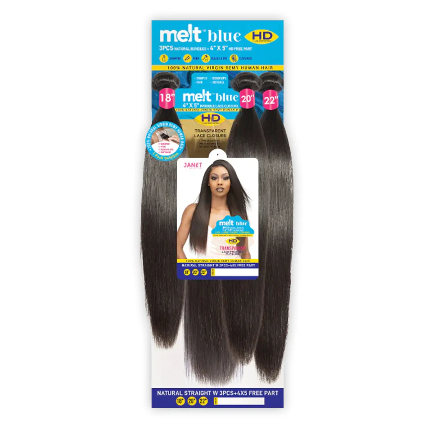 Janet Collection 100% Virgin Remy Human Hair Bundles - Melt Blue Natural Straight, 3pcs Set with 4x5 HD Transparent Lace Frontal Closure, 4x5 Lace Parting Space & Added Baby Hair