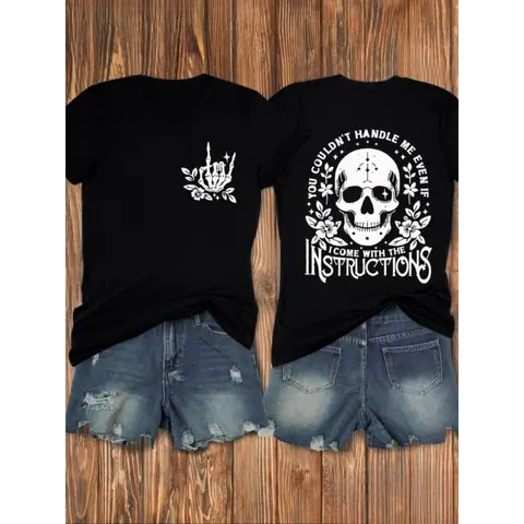 Women's Skull & Letter Print Round Neck Tee, Casual Drop Shoulder Short Sleeve T-shirt, Ladies Clothes for Daily Wear Garment Streetwear Tshirt Cotton