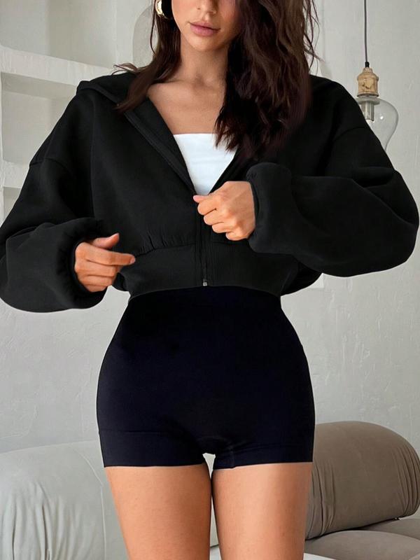 Women's Solid Zip Up Thermal Crop Hoodie, Casual Long Sleeve Hooded Sweatshirt for Winter, Women's Clothing for Daily Wear, Cropped Hoodie