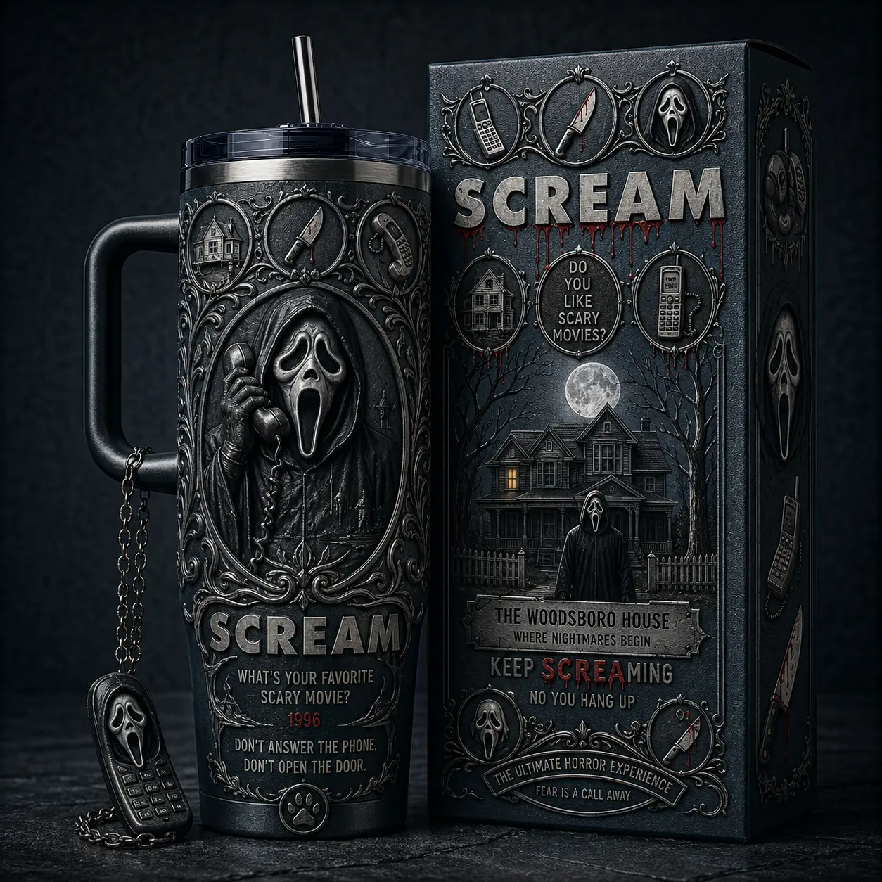 Ghost Face #2 Halloween 40oz Premium Stainless Steel Tumbler With Handle , Scream Inspired Design, Insulated Travel Mug, Halloween Gift for Horror, Halloween Collector Tumbler, Spooky Season Drinkware