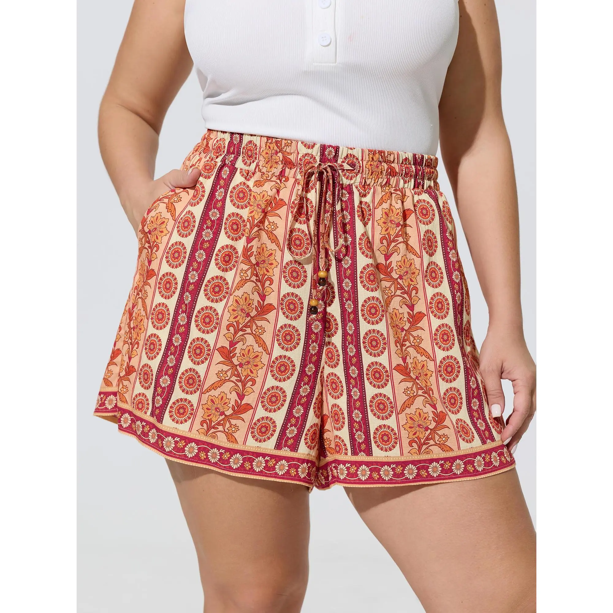 BloomChic Women's Plus Size Boho Ethnic Floral Shorts, Smooth Multicolor Rayon Blend with Mid Rise Drawstring Waist, Bottoms, Fabric, Garment, Nylon, Pocket, Bohemian, Fit, Clothes, Floral Print, Casual Wear