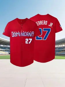 Dominicana Republic #27 Stitched Baseball Jersey, V-Neck Button Down, Breathable Comfortable Loose Short Sleeve, Unisex, Perfect for Training Competition Daily Workout Casual Wear, All-Season Sports Shirt