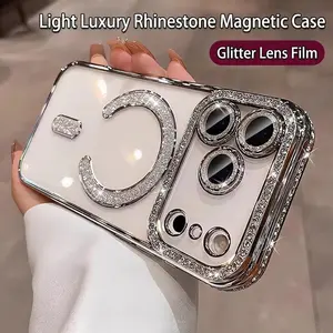 Light Luxury Premium Rhinestone-Embellished Electroplated Magnetic Phone Case for iPhone 17/16/15/14/13/12 Pro Max - Mobile Phone Accessories for Smartphone, Cellphone, Handheld Devices, with HD Lens Protection, MagSafe Compatibility
