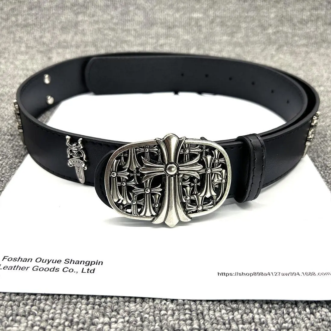 Vintage Black Leather Belt with Gothic Cross Buckle & Dagger Charm, Punk Y2K Streetwear Unisex Waist Belt