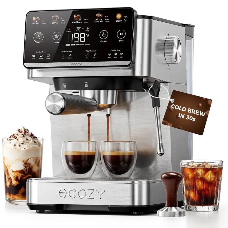 Ecozy 4-in-1 Semi-Automatic Espresso Coffee Machine - Pump Pressure 20 Bar, LED Touch Screen, 50oz Removable Water Tank, Milk Frother Steam Wand, Drip Coffee, Cold Brew and Over Ice Coffee Machine, 1350W Home Use for Home Users (Thicker Oil Layer)