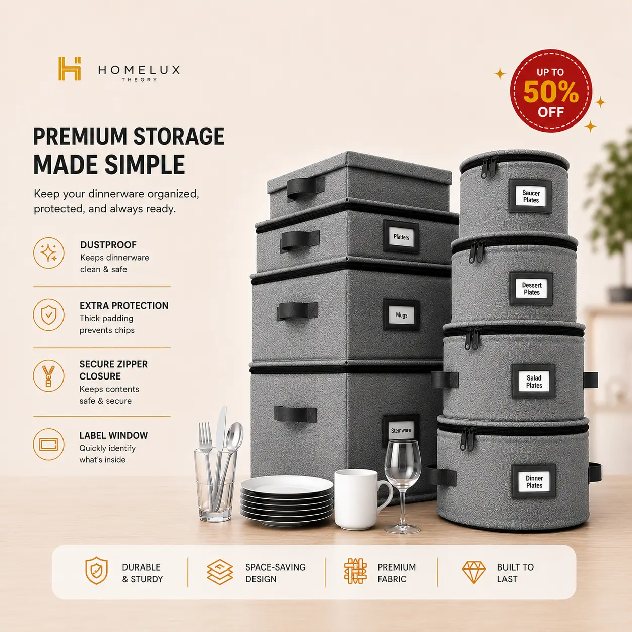 Dish Storage Boxes Set of 8 with 12 Compartments, China Storage Containers for Plates, Mugs & Glass Stemware, Kitchen Moving Storage Organizer with Felt Pads | Homelux Theory
