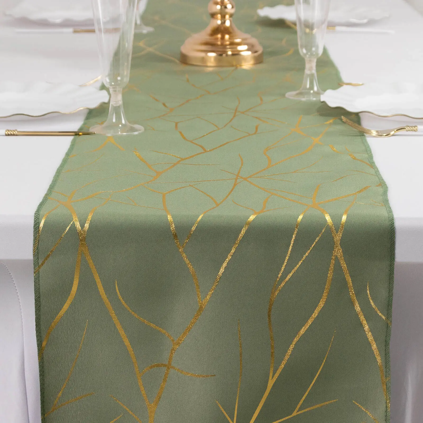 Polyester Table Runner 9ft Dusty Sage Green with Gold Foil Tree Branch Pattern - Stylish Table Decor