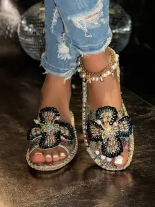 Women's Floral Print Sandals, Beaded Cross Design, Open Toe, Flat Summer Party Shoes, Bridesmaid Footwear, /gold Colors