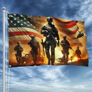 Patriotic Military American Flag, Soldiers with US Flag Background, Durable Polyester Banner with Metal Grommets, Ideal for Veterans, Memorial Day, and Patriotic Yard Decor