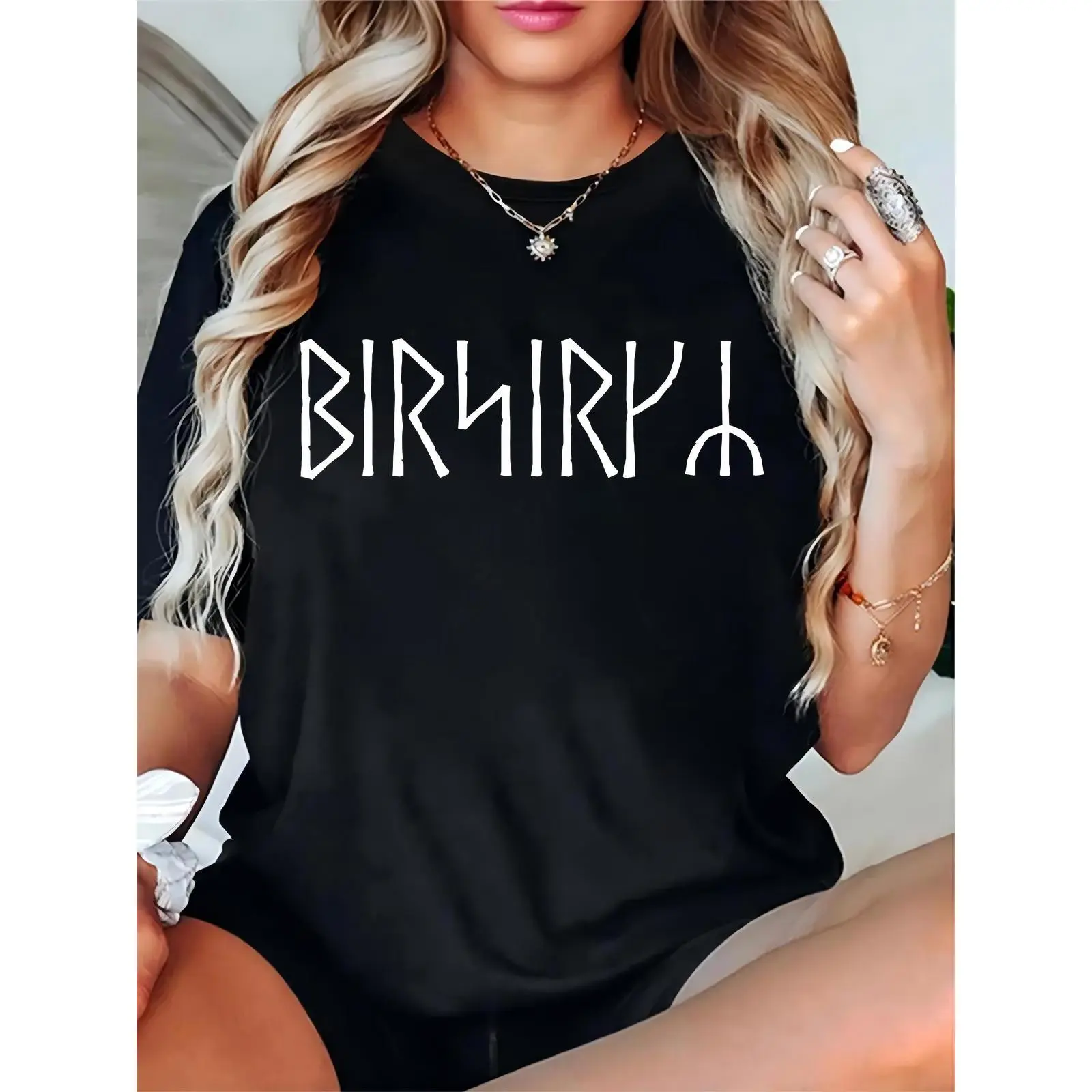 Women's 100% Cotton Viking Rune Graphic T-Shirt - Ladies' Breathable Short Sleeve Crew Neck Clothes, Elegant Casual Basic Top for Nordic Culture Enthusiasts, Feminine Fit Essential