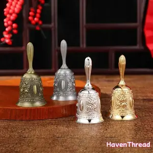 HavenThread Vintage Brass Handbell, Hand-Engraved Floral Design, Striped Handle, Clear Sound, Traditional Decoration for Home & Religious Ornaments, Retro Room Decorations Gift Idea